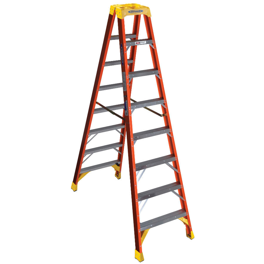 WERNER® T6208 Twin Step Ladder With (3) Parts Trays, 300 lb Load, 8 ft H Ladder, Fiberglass