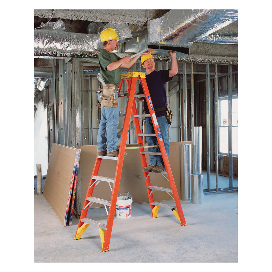 WERNER® T6208 Twin Step Ladder With (3) Parts Trays, 300 lb Load, 8 ft H Ladder, Fiberglass