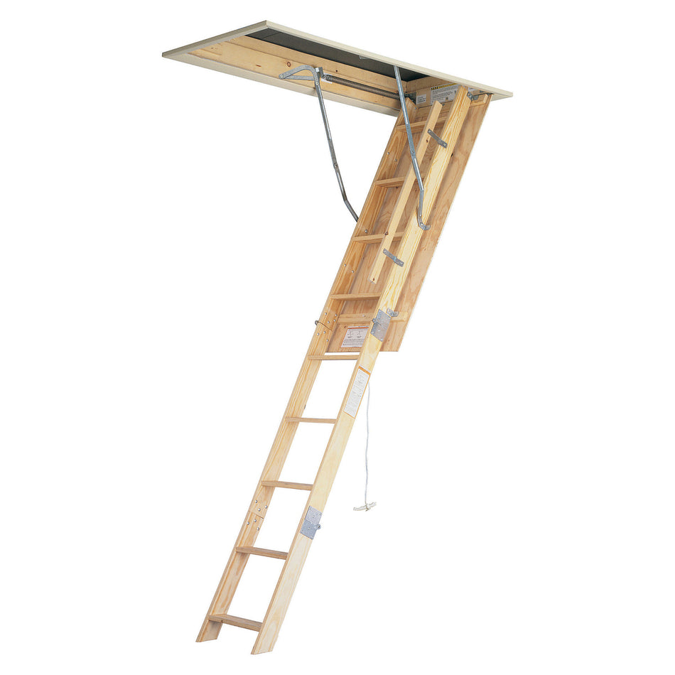 WERNER® W2208 Attic Ladder, 7 ft to 8 ft 9 in H Ceiling, 22-1/2 in W Ceiling Opening, 54 in H Ceiling Opening, Wood