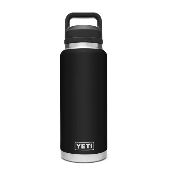 YETI® Rambler® 21071070014 Bottle, 36 oz Capacity, 18/8 Stainless Steel Bottle, Black Bottle, Shatter-Resistant Chug Lid