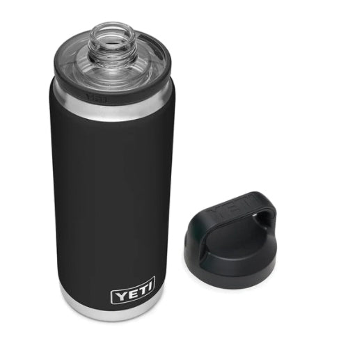 YETI® Rambler® 21071200018 Bottle, 26 oz Capacity, 18/8 Stainless Steel Bottle, Black Bottle, Shatter-Resistant Chug Lid