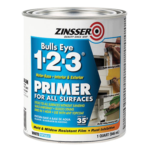 ZINSSER® Bulls Eye 1-2-3® 02004 Primer, Water Base, White, <100 g/L VOC, 1 qt