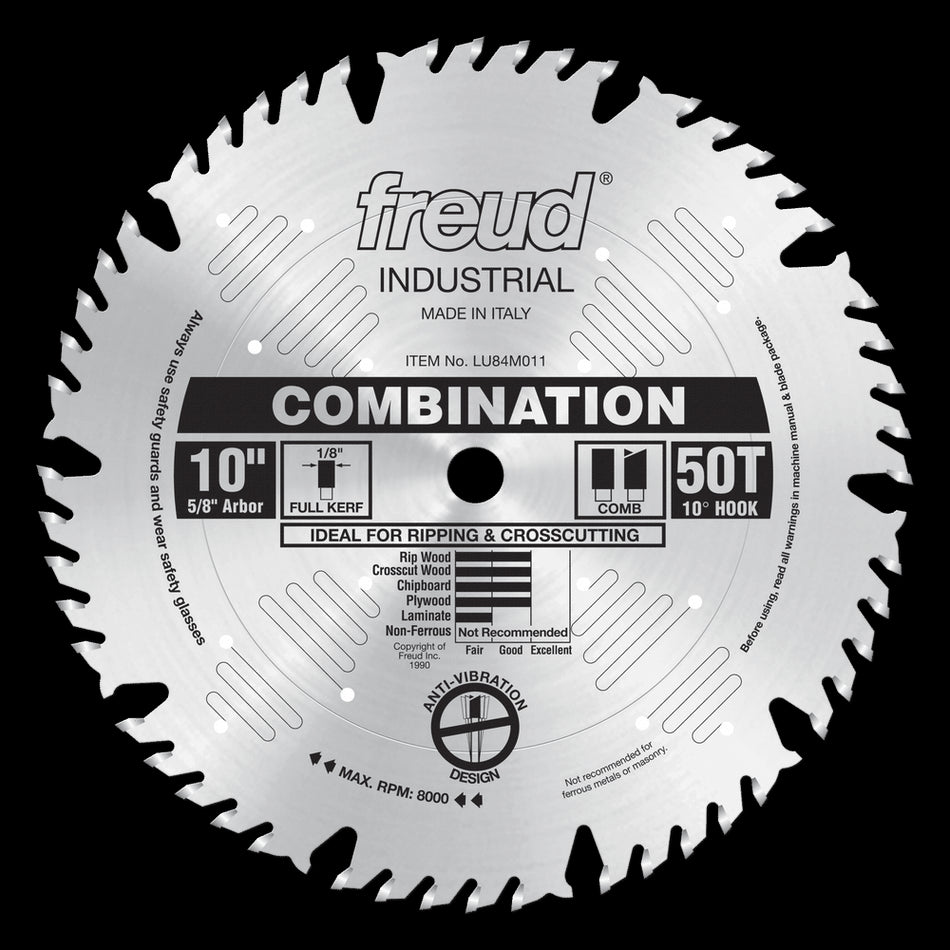 freud® LU84M011 Combination Saw Blade, 10 in Dia, 0.126 in W Cutting, 5/8 in Arbor Hole, 50-Teeth, Carbide Tip