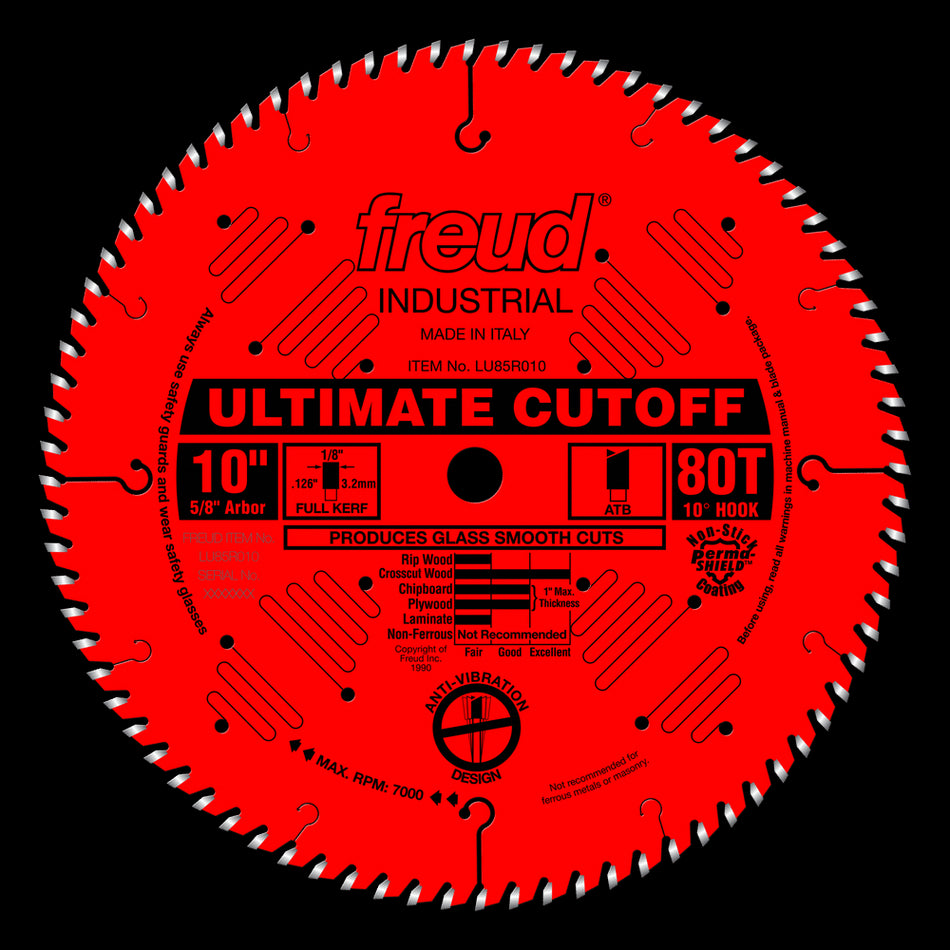 freud® LU85R010 Ultimate Cut-Off Blade, 10 in Dia, 0.116 in W Cutting, 5/8 in Arbor Hole, 80-Teeth, Carbide Tip