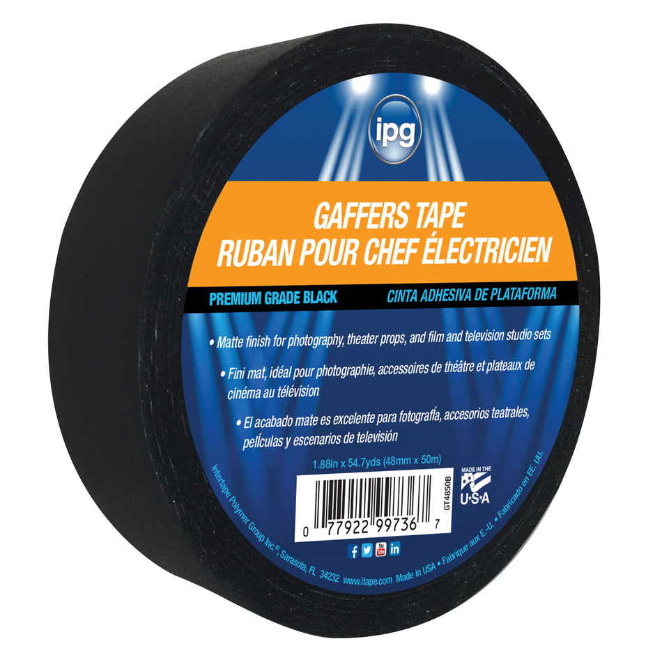 ipg® GT7250B Gaffer Tape, 11.5 mil Thick, 2.83 in W, 54.7 yd L, Black, Resin/Rubber Adhesive, Cloth Backing