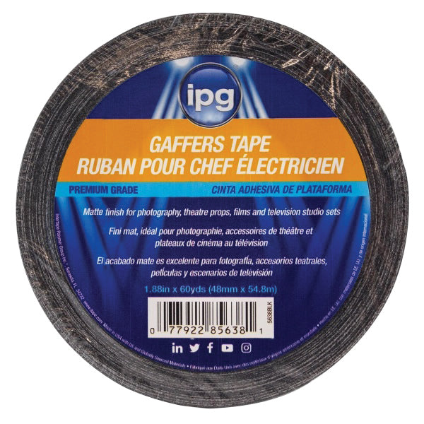 ipg® GT7250B Gaffer Tape, 11.5 mil Thick, 2.83 in W, 54.7 yd L, Black, Resin/Rubber Adhesive, Cloth Backing